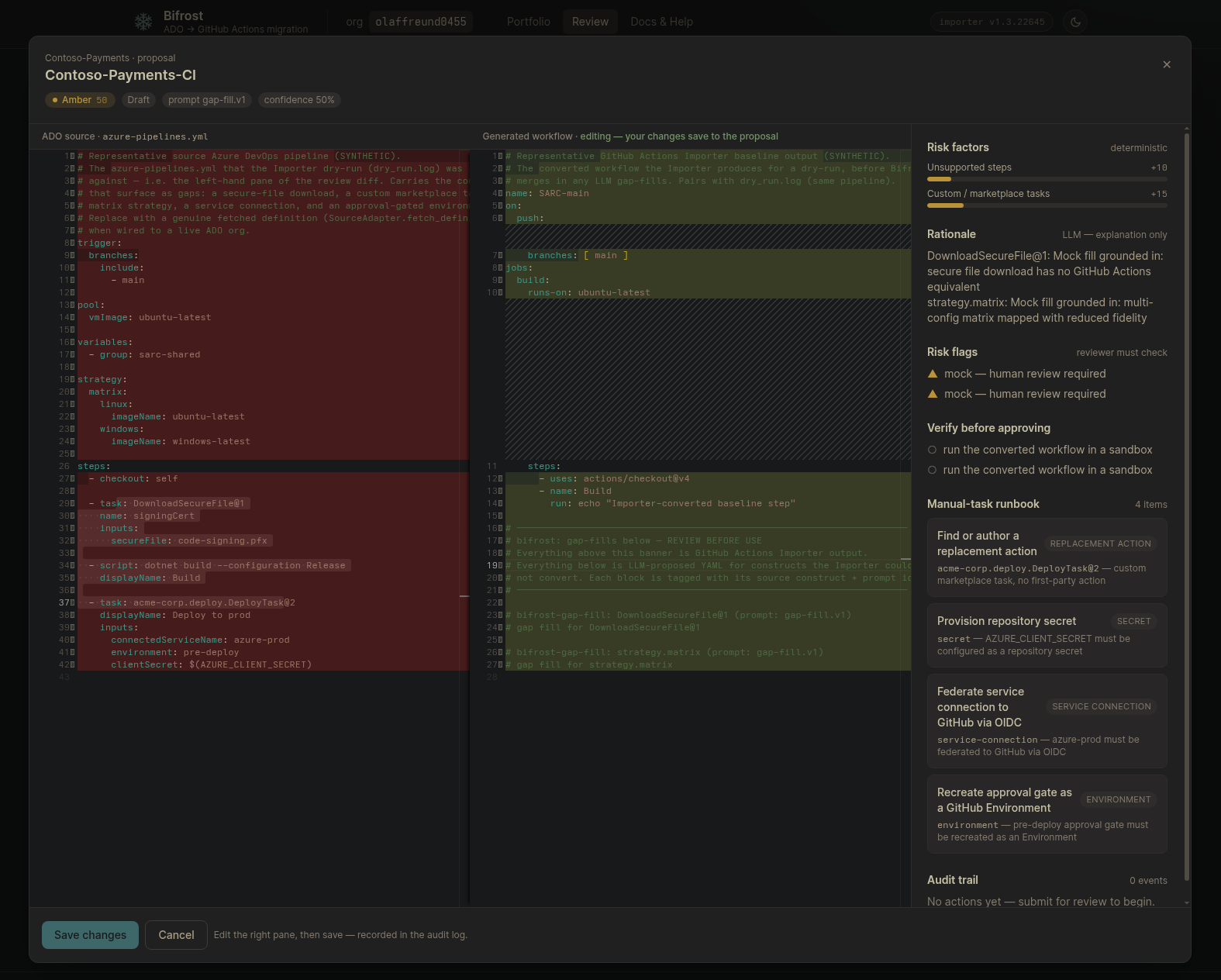 Editing the converted workflow inline before approval